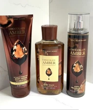 Set 3 Bath & Body Works Chocolate Amber Cream Lotion Wash Shower Gel Mist Spray