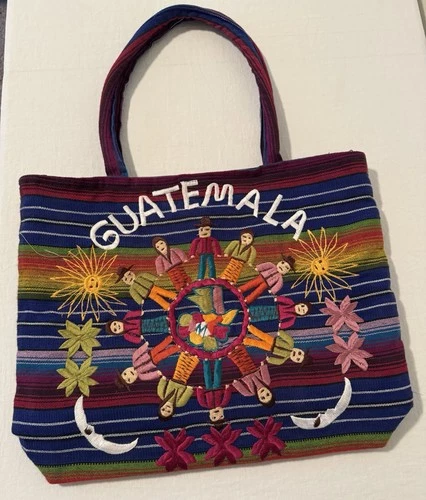 GUATEMALA Shoulder Bag, Lined Multicolored Hand EMBROIDERY 15x14x3” 3 Pockets