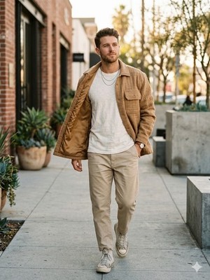 General Admission Wool Shirt Jacket Shacket Camel Tan Grid Texture Men's Large