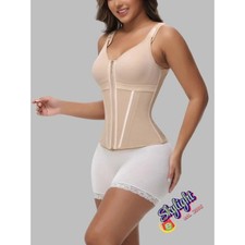 Women Beige Nylon Spandex Firm Compression Waist Trainer Vest Body Shaper Size L