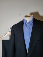 Vtg Chaps Ralph Lauren Flannel Navy Brown Stripe 2pc Suit Jacket 42L Pants W36