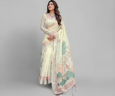 Women's Cotton Linen Printed Saree with Unstitched Blouse Piece