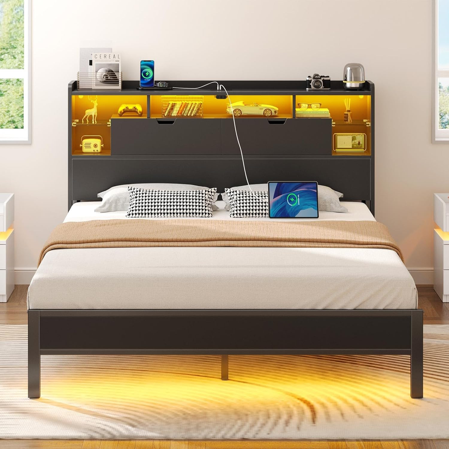 With Headboard, Led Bed With Bookcase Storage And Charging S