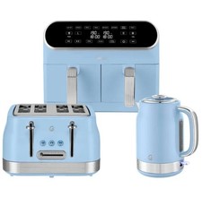 Swan Retro Revive Blue Jug, Kettle 4 Slice Toaster & 8L Dual Basket Air Fryer