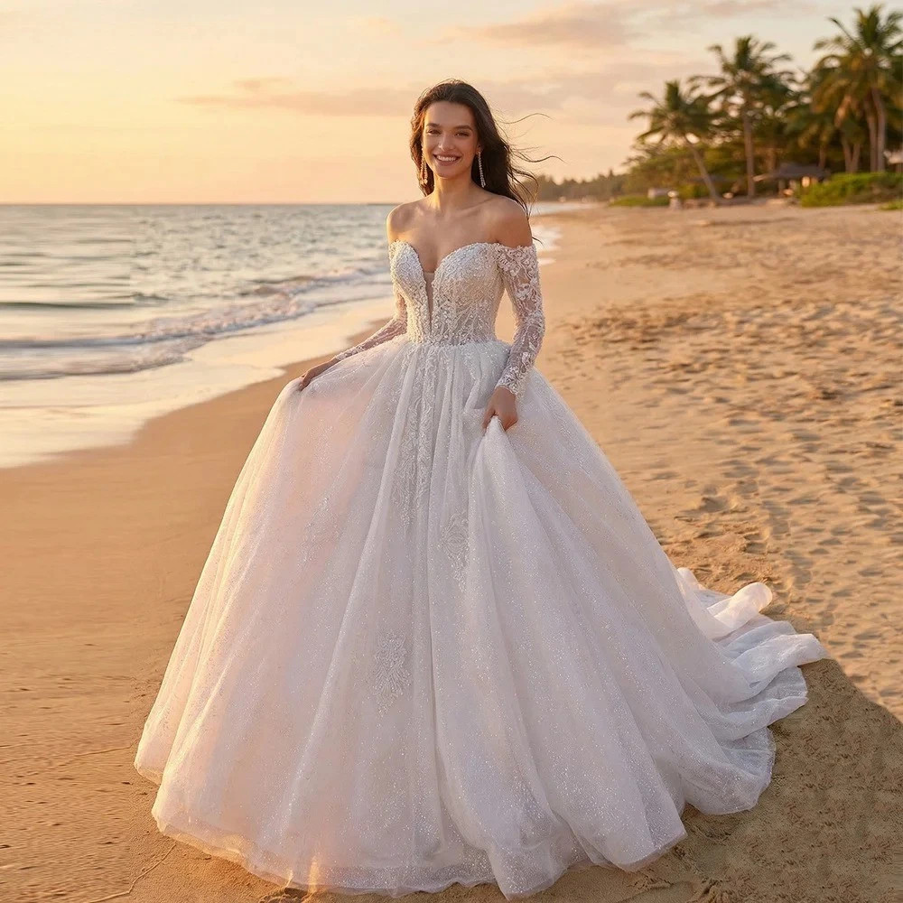 knee length dresses for ladies Beaded Floral Lace Glitter Illusion Wedding Dress