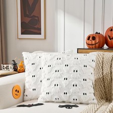 2Pcs Halloween Ghost Pillow Covers 18x18 White Faux Fur Throw Cushion Case Deco