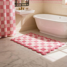 Cute Pink Checkered Scalloped Bath Mat, Fun Plush Microfiber Bathroom Rugs Non S