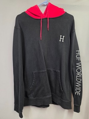 Huf Worldwide Black & Red Hooded Pullover longsleeve Sweatshirt Sz XL