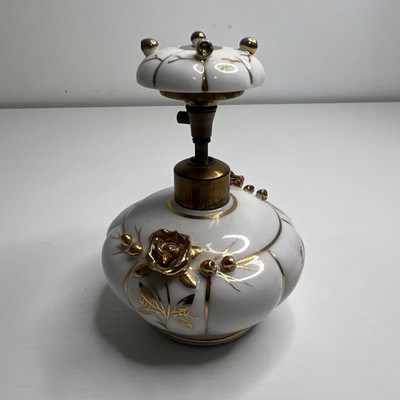 Vintage A Lady Fair Import Porcelain Gold White Perfume Atomizer Handpainted