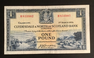 Banknote Of Scotland One Pound Clydesdale North Of Scotland 1954. Excellent Cond