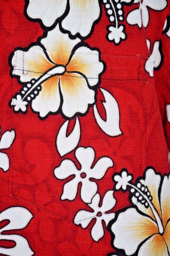 Winnie Fashion Hawaiian Hibiscus Plumeria Palm Frond Mens XL 46" Red Camp Shirt - Picture 4 of 5
