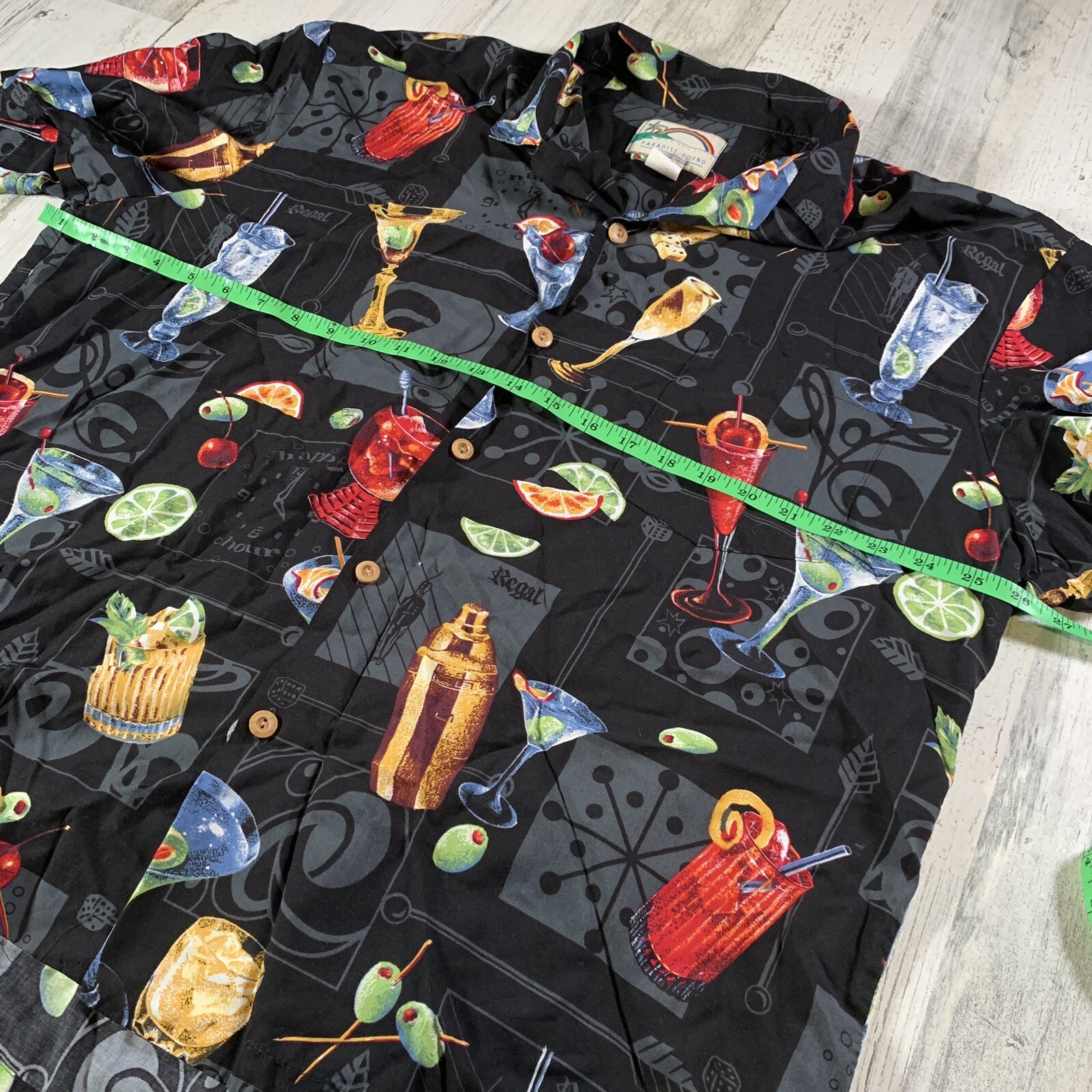 PARADISE FOUND Men’s Hawaiian Button Shirt Cocktail Drink Martini Tiki Sz XL EUC