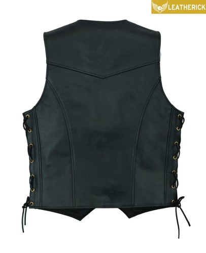 Mens Classic Side Lace Motorcycle Biker Black Leather Fashion Waistcoat Vest - Picture 5 of 11
