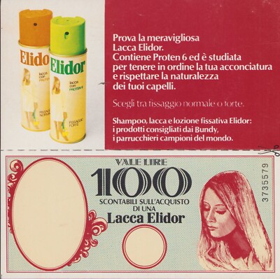 1975 ELIDOR Lacquer Discount Voucher £. 100 / advertising brochure