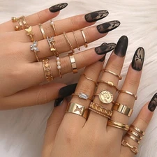 25PC Set Retro Gold Finger Open Ring Bohemia Pearl Butterfly Engraved 2081