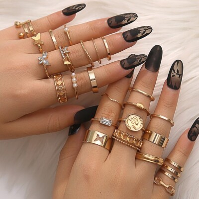 25PC Set Retro Gold Finger Open Ring Bohemia Pearl Butterfly Engraved 2081