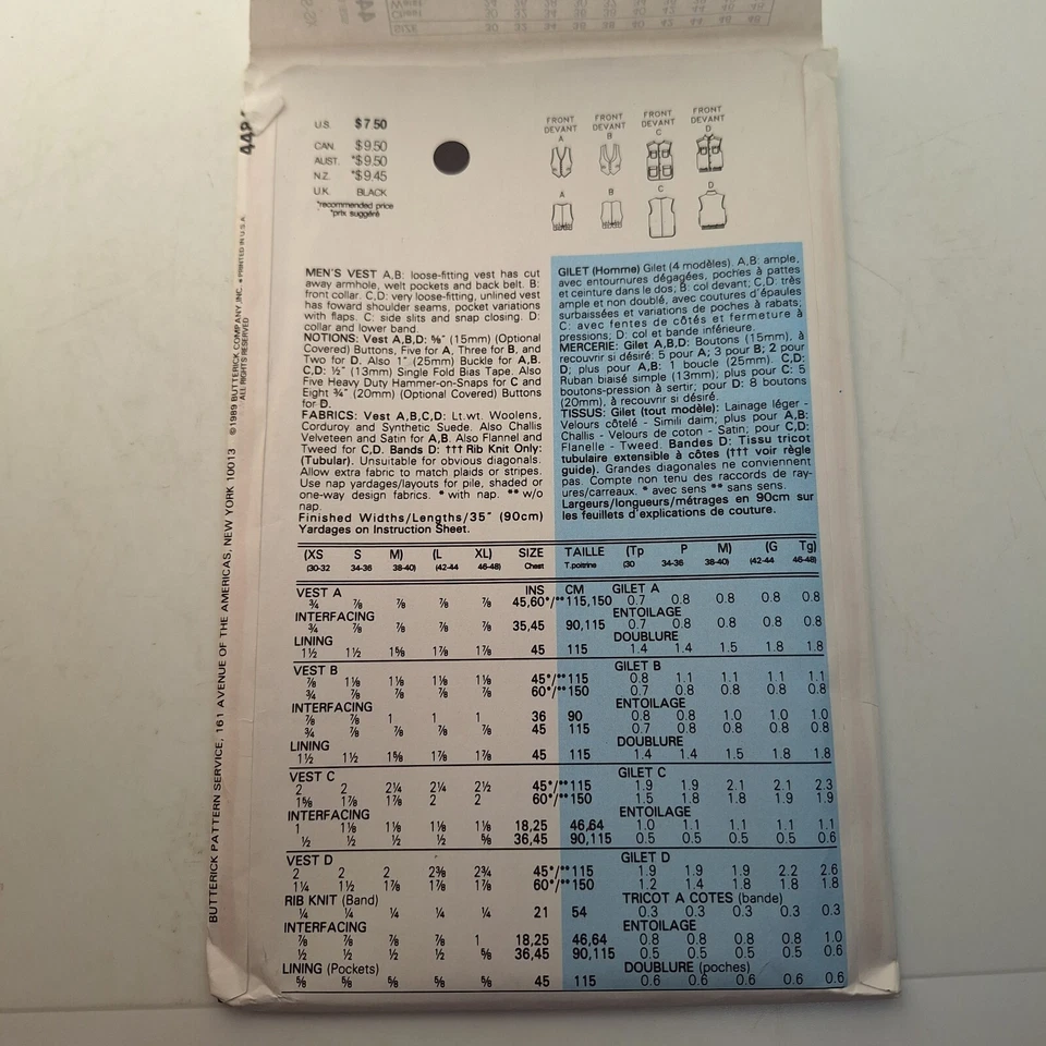 Butterick 4484 Mens Loose Fitting Vest Fishing Sz XS-M VTG 80s Pattern UC FF - Image 4 of 4