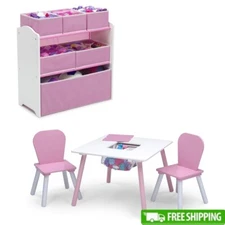 4-Piece Toddler Playroom Set Wooden Table Chairs Multi-Bin Toy Organizer Kids 3