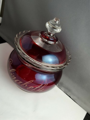 Beautiful Victorian Glass Candy Dish With Red Name Elizabeth Etched - Picture 3 of 11