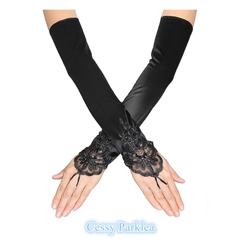 SN-E1-5 Long Fingerless Lace Satin Gatsby 1920s Costume Gloves Burlesque Flapper - Picture 2 of 10