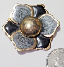Vintage Scarf Clip Flower Layered Black & Swirl Gray Enamel 2" Goldtone Trim