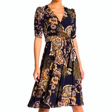 NWT Eliza J Faux-Wrap Navy Blue Paisley Floral-Print Belted Dress, Sz 12