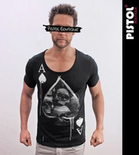 Pistol Boutique Men's Fitted Black Round Scoop Neck ACE OF SPADES SKULLS T-shirt