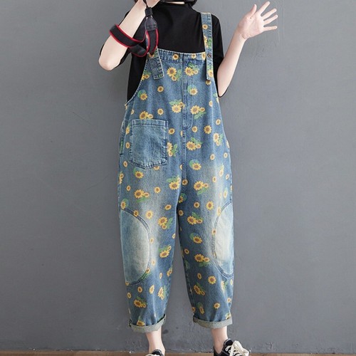 Ladies Sunflower Printed Denim Overalls Jumpsuit Bib Trousers Jeans Leisure - Picture 7 of 12