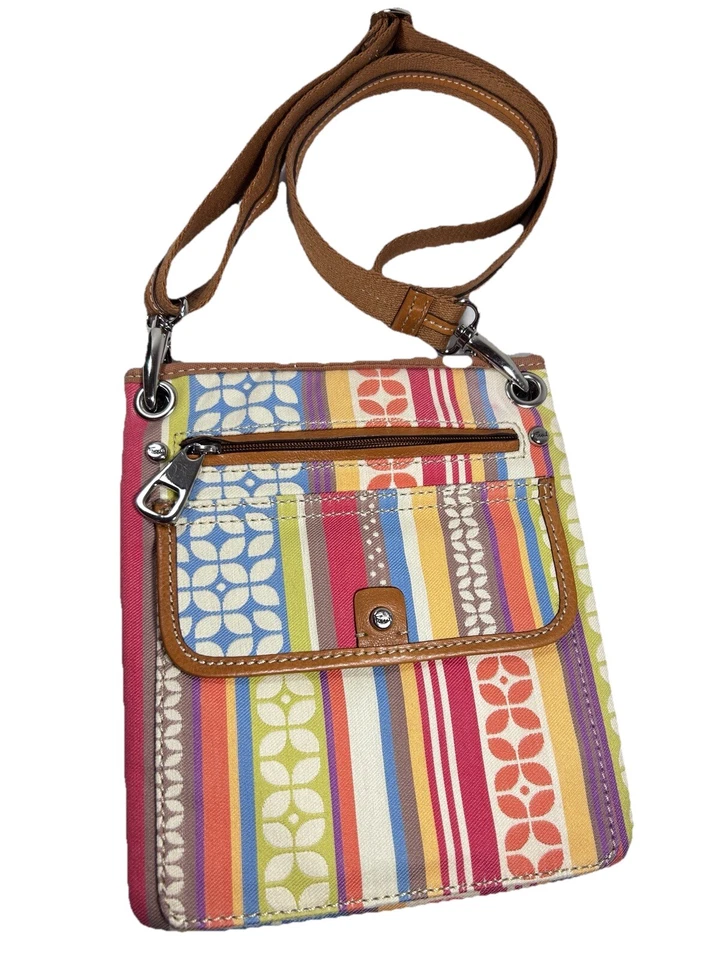 Bolso Bandolera Cartera Multicolor Rayas Geométricas Tela y Cuero Lona Fossil