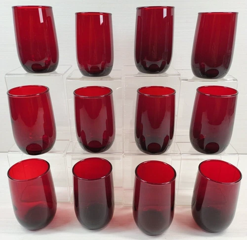 (12) Anchor Hocking Roly Poly Royal Ruby Juice Glasses Set Vintage Tumblers Lot