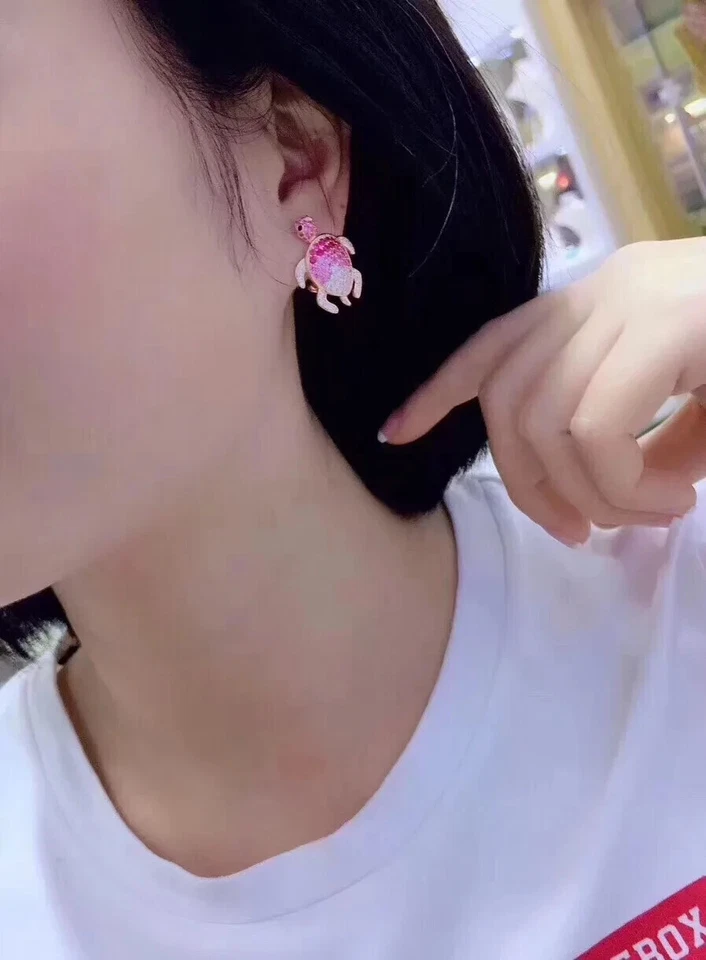 2Ct Round Cut Lab Created Pink Ruby Turtle stud Earrings 14K Rose Gold Plated - Image 3 of 4