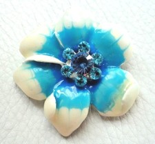 BROCHE vintage année 60 FLEUR émail verre cristal BLEU Brooch pins NEUF NEW