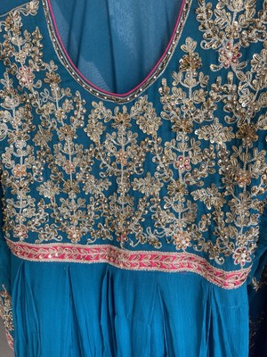 Blue Chiffon Sequin Anarkali Embroidered Salwar Kameez Set Women Unstitched