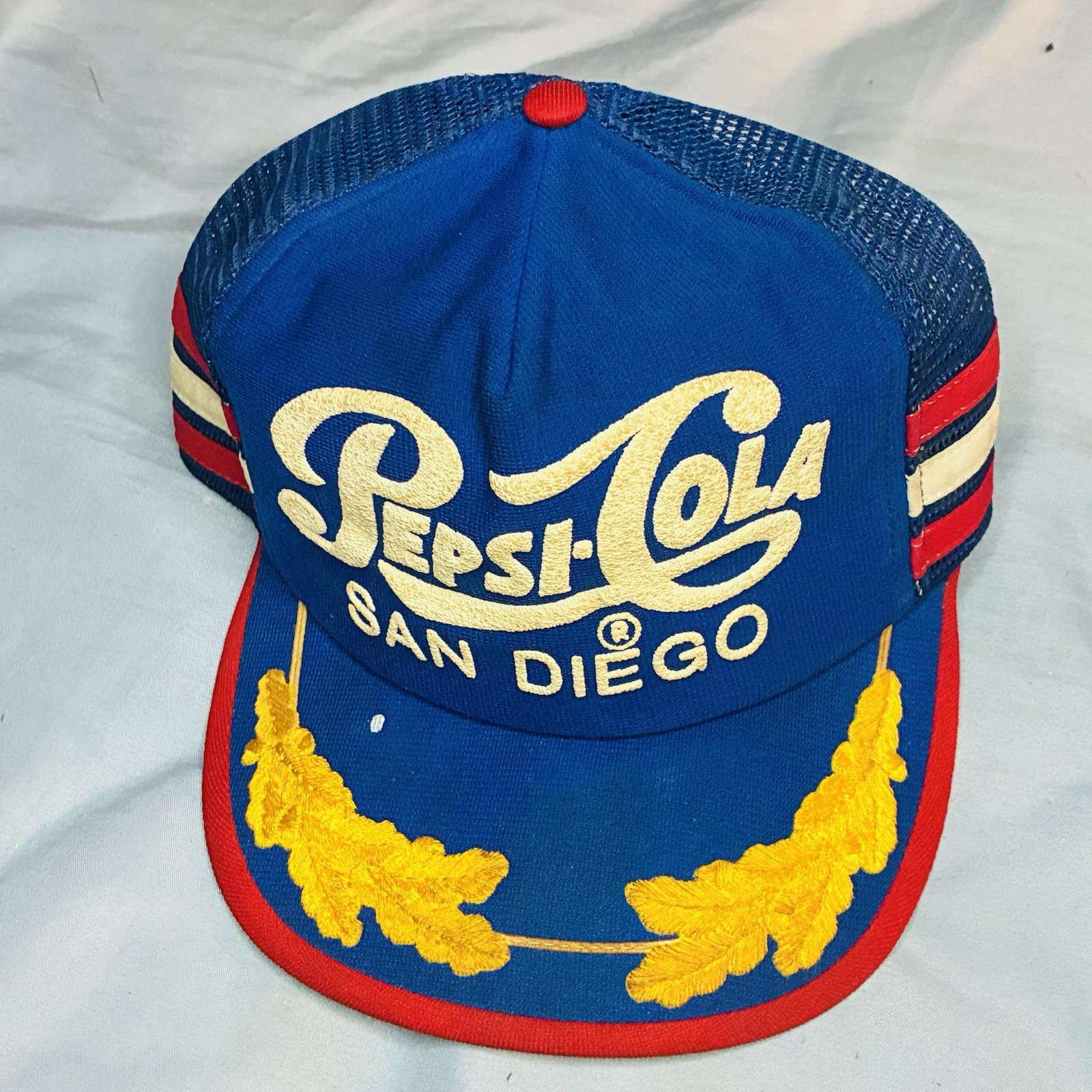 USA Made Vintage Pepsi Cola 3 Stripe With Gold Leaf Trucker Hat SAN DIEGO HTF