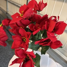 Christmas 14 Stems Red Artificial Poinsettia Bouquet Flowers With Green Leaves