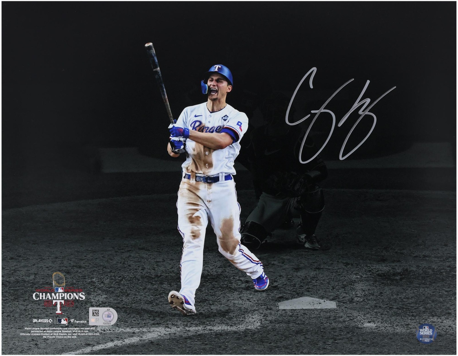 Corey Seager Rangers 2023 World Series Champs Signed 11x14 Hit Spotlight Photo