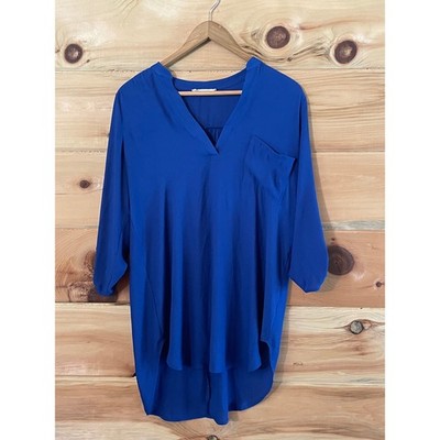 LUSH women's royal blue sheer blouse V-neck. Roll tab sleeve. Size Small