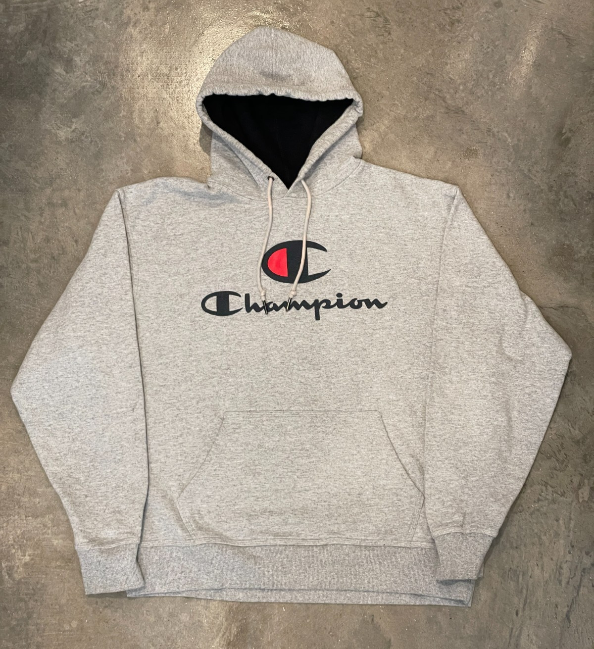 Champion Spellout Hoodie Mens L Gray Heavyweight Boxy Fit Sleeve Logo Soft EUC