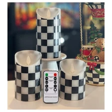 Flickering Flameless Black and White Check  Wax Candle set with Remote / Timer