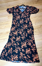 A New Day Floral Black Pink V-Neck Puff Short Sleeve Midi A-Line Dress L