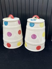 Pair Of Colourful Spotty Storage Jars 14cm High,2x cream Ceramic Home Decor,VGC