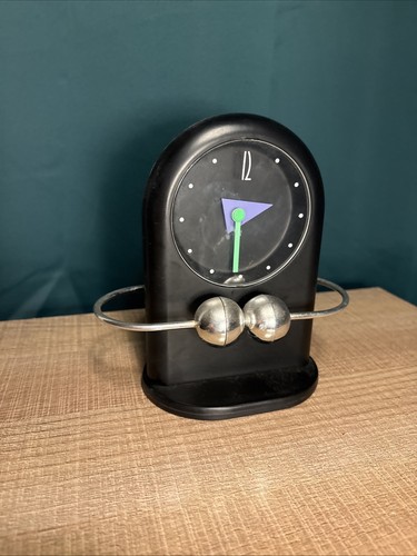 1980s Postmodern Black & Silver Pendulum Desk Clock