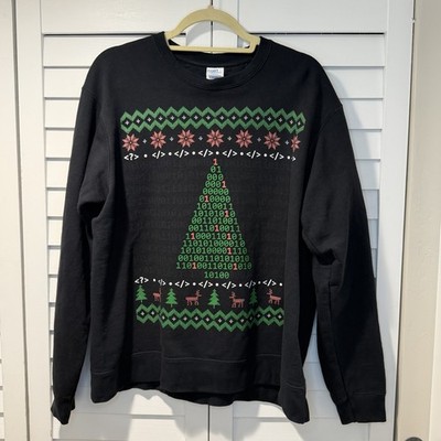 Port & Company Binary Code Christmas Tree Sweatshirt Black Tech Holiday L