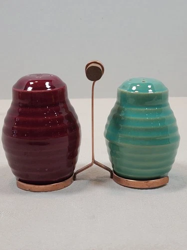 Bauer Pottery Ringware Green and Burgundy Salt And Pepper Shakers W/Metal Caddy