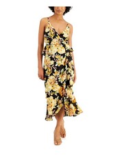 BARDOT Womens Black Hi-lo Hem Spaghetti Strap Midi Faux Wrap Dress 8M