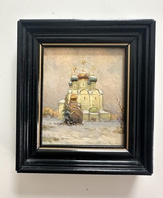 Russische Miniatur Öl-Malerei Смоленский собор Kirche Winter, signiert, 10x10 cm