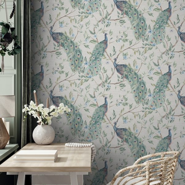 Exotische Pfau Keeka Tapete 923708 Blau Arthouse BläTter VöGel Blumen Metallic-image