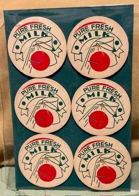 PURE FRESH MILK generic dairy Bottle Caps. NOS 6-piece lot. 1-3/4'' diameter.