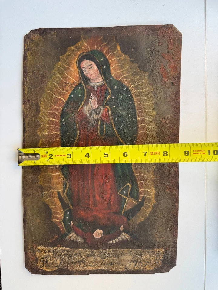 Antigua pintura del Retablo Español México siglo XX pintura en lata Virgen de Guadalupe Foto 2 de 4