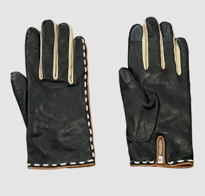 $225 Agnelle Women's Black Diane Color-Block Leather Cashmere Gloves Size 8